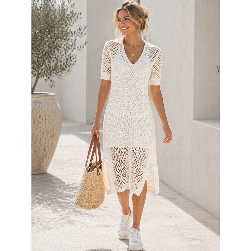 Steve Madden Short Sleeve Open Crochet Knit Midi Dress Ivory White M